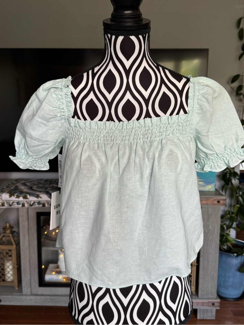 Sunday Best Smocked Square-Neck Puff Sleeve Crop Top - Mint